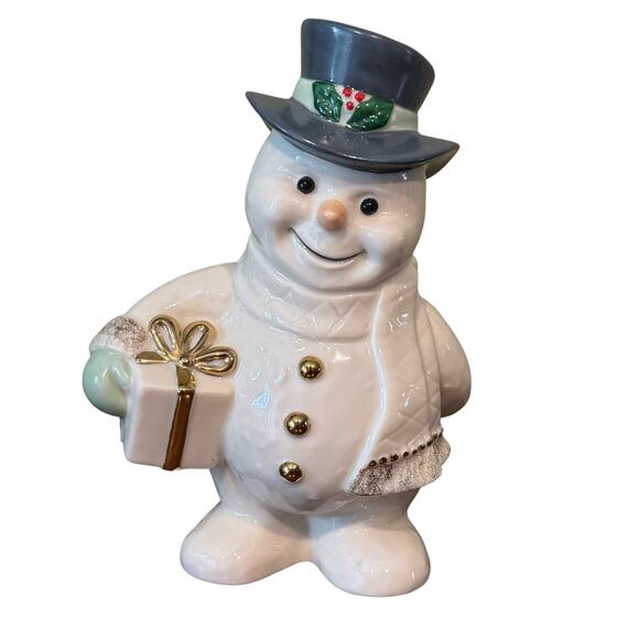 Lenox Snowan with Present and Top Hat - Picture 1 of 9